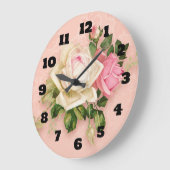 ピンク&ホワイトローズブーケ ラージ壁時計 (傾斜)