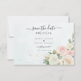 ピンク&ホワイトローズ開花フラットデイトカードを保存 セーブザデート