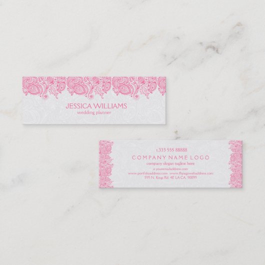 ピンク&ホワイトヴィンテージペイズリーレースウェディングプランナー スキニー名刺 (正面/裏面)