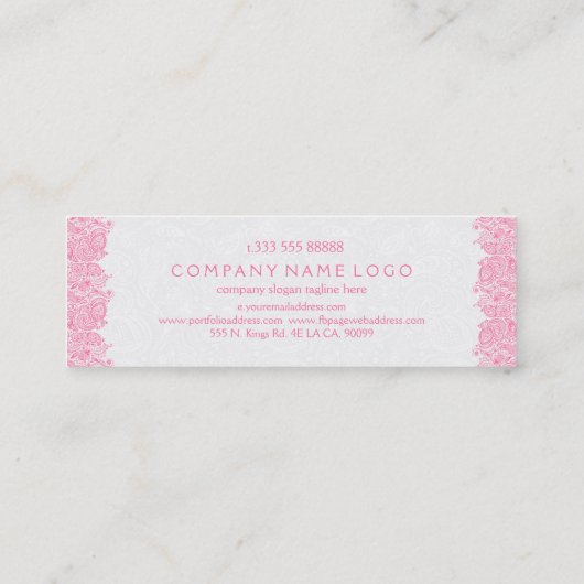 ピンク&ホワイトヴィンテージペイズリーレースウェディングプランナー スキニー名刺 (裏面)