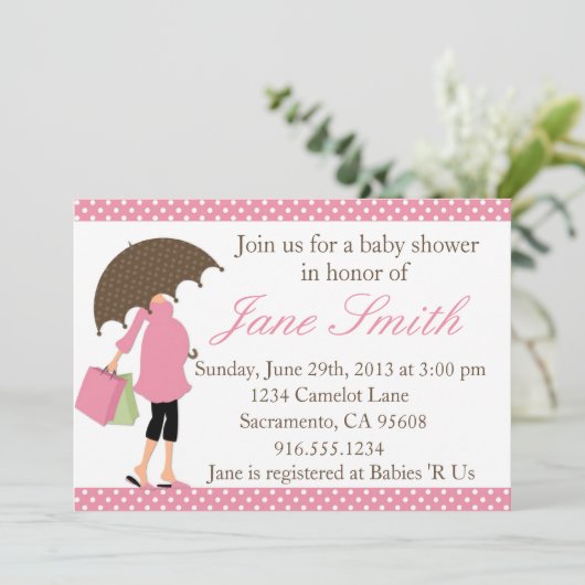ピンク&ホワイト水玉模様ベビーシャワー招待状 招待状 (スタンド正面)