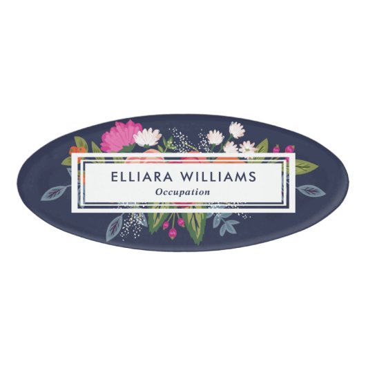 ピンク&ホワイト花模様ネイビーブルー 名札 (正面)