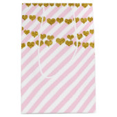 ピンク&ホワイト金ゴールドハートバースデーパーティー抱き枕 ミディアムペーパーバッグ (正面)