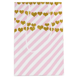 ピンク&ホワイト金ゴールドハートバースデーパーティー抱き枕 ミディアムペーパーバッグ