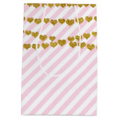 ピンク&ホワイト金ゴールドハートバースデーパーティー抱き枕 ミディアムペーパーバッグ (裏面)