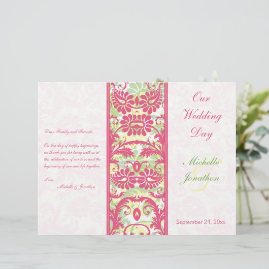 ピンク・ホワイト・グリーン・イエローのダマスク・ウェディング・プログラム (スタンド正面)