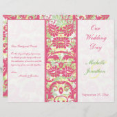 ピンク・ホワイト・グリーン・イエローのダマスク・ウェディング・プログラム (正面/裏面)