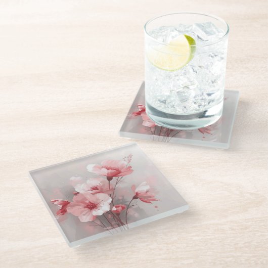 ピンク、ホワイト、グレイの花柄 ガラスコースター (アングル)
