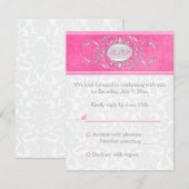 ピンク・ホワイト・グレーのダマスク返信カード 招待状 (正面/裏面)