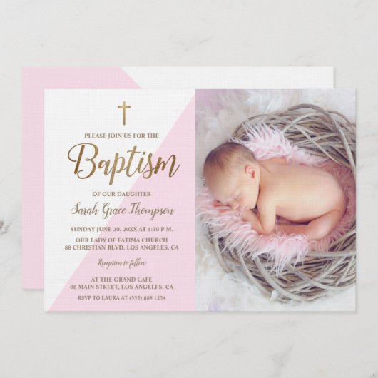 ピンク ホワイト ゴールド 洗礼 赤ちゃん女の子 フォト 招待状 (正面/裏面)
