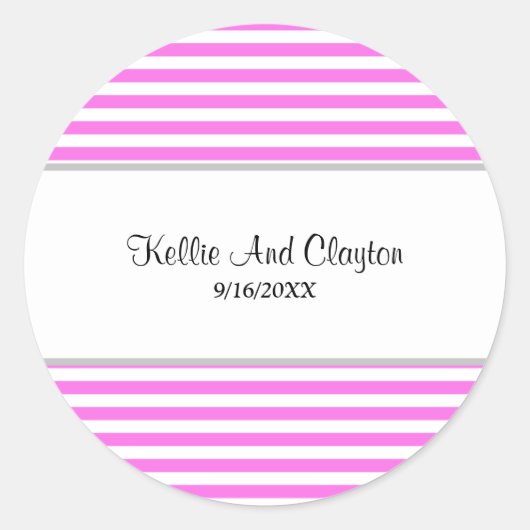 ピンク/ホワイト ストライプ ウェディング クラシック ラウンド ステッカー (正面)