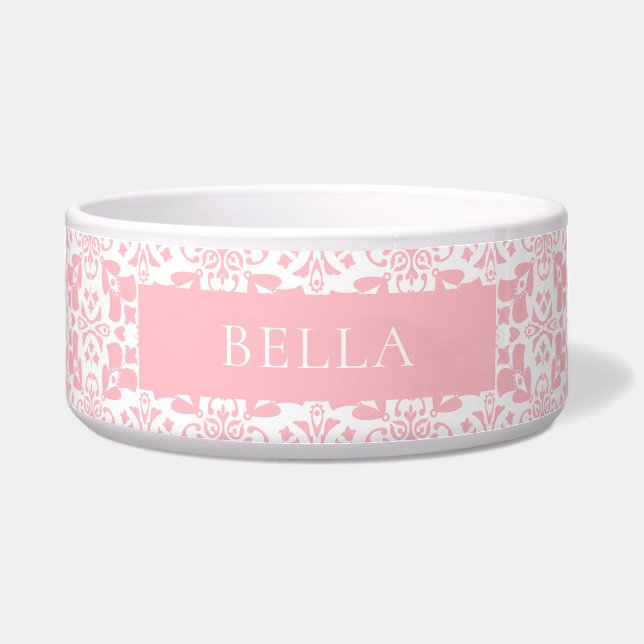ピンク ホワイト タイル パターン エレガント オーダーメイド ペット ボウル (正面)