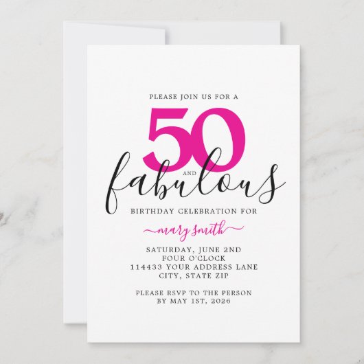 ピンク ホワイト ファビュラス 50歳の誕生日パーティー 招待状 (正面)