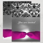 ピンク ホワイト フューシャ ダマスク ジェム ストーン モノグラム 招待状 (正面/裏面)