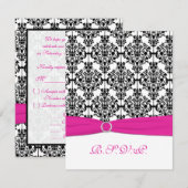 ピンク・ホワイト・ブラックのダマスク柄RSVPカード 出欠カード (正面/裏面)