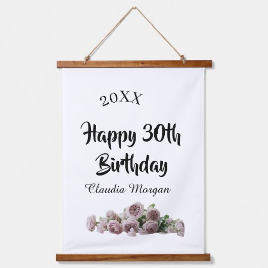 ピンク ホワイト モーヴ フラワー 名前入り 30歳の誕生日おめでとう 吊り下げ型タペストリー (正面)