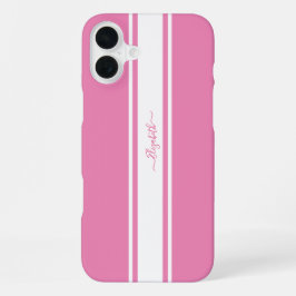 ピンク ホワイト レーシング ストライプ モノグラム ガーリー シック iPhone 16 PLUSケース