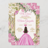 ピンク&ホワイトMis Quince 15 Anos金ゴールドクラウン 招待状 (正面/裏面)