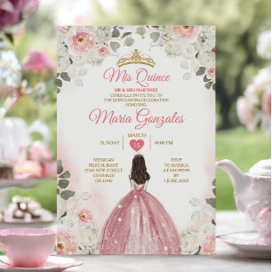 ピンク&ホワイトMis Quince 15 Anos金ゴールドクラウン 招待状