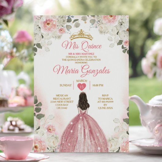 ピンク&ホワイトMis Quince 15 Anos金ゴールドクラウン 招待状