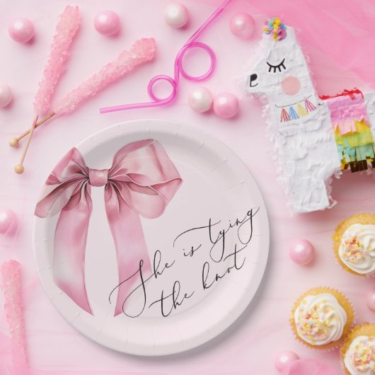 ピンク・ボウ・ブライダルシャワーのために花嫁が結婚式の約束をしているところです ペーパープレート (パーティー)