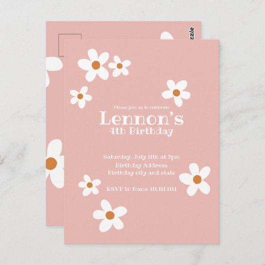 ピンク ボヘミアンスタイルのデイジーガール 誕生日パーティー招待状 ポストカード (正面/裏面)