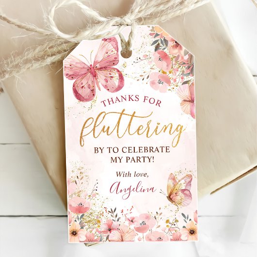 ピンク ボヘミアンフラワー バタフライ ベビーシャワー ギフトタグ