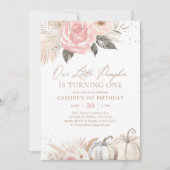 ピンク ボーホー パンパスグラス パンプキン 1歳誕生日 招待状 (正面)