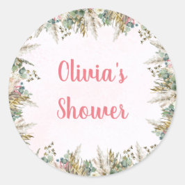 ピンク ボーホー パンパス & フラワーベビーシャワーフェイバー ラウンドシール