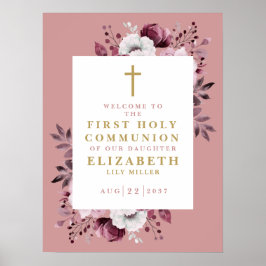 ピンク ボーホー フラワーファースト ホーリー コミュニオン ウェルカムサイン ポスター