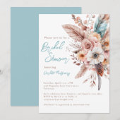 ピンク ボーホー フラワー＆フェザーズ エレガント ブライダル シャワー 招待状 (正面/裏面)