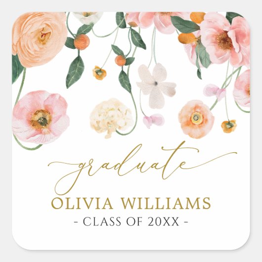 ピンク ポピー フラワーの卒業お祝いギフト スクエアシール (正面)