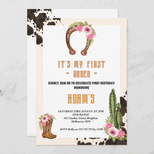 ピンク マイ ファースト ロデオ コウボーイ 招待状 (正面/裏面)