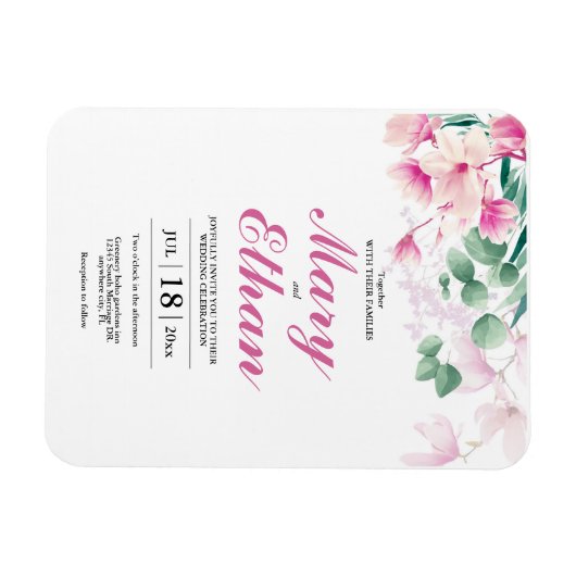 ピンク・マグノリア結婚花の自然招待状 マグネット (横)