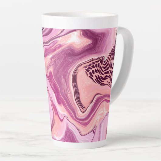 ピンク、マゼンタ、ブラックの流体アート絵画の流れ カフェラテマグ (右アングル)