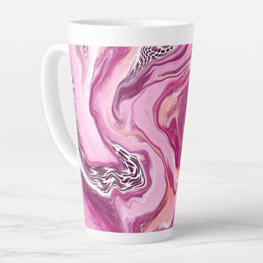 ピンク、マゼンタ、ブラックの流体アート絵画の流れ カフェラテマグ (左アングル)
