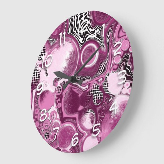 ピンク、マゼンタ、ブラックの流体アート絵画の流れ ラージ壁時計 (傾斜)