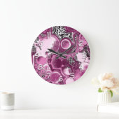 ピンク、マゼンタ、ブラックの流体アート絵画の流れ ラージ壁時計 (ホーム)