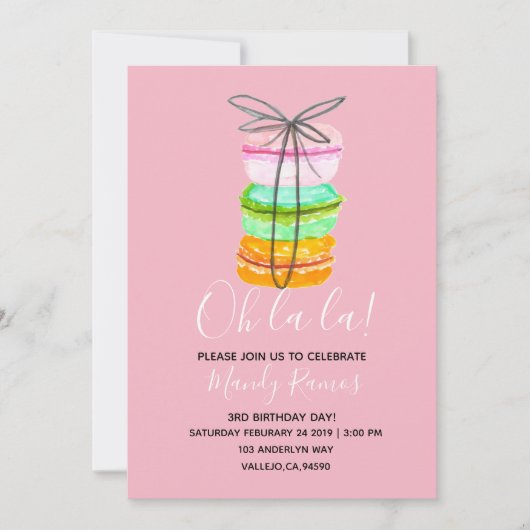 ピンク·マフランスのカロンの誕生日パーティーの招待 招待状 (正面)