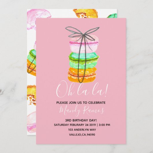 ピンク·マフランスのカロンの誕生日パーティーの招待 招待状 (正面/裏面)