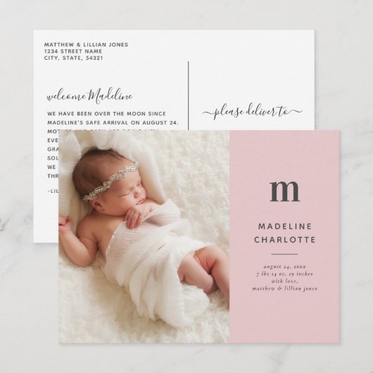 ピンク・ミニマリストの女の子写真生誕の発表 ポストカード (正面/裏面)