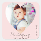 ピンク ミニマリスト フォト ファースト バースデー パーティ スクエアシール (正面)