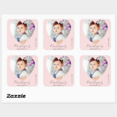 ピンク ミニマリスト フォト ファースト バースデー パーティ スクエアシール (シート)