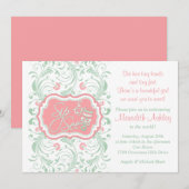 ピンク ミントグリーン フラワー シップ アンド シー ベビーシャワー 招待状 (正面/裏面)