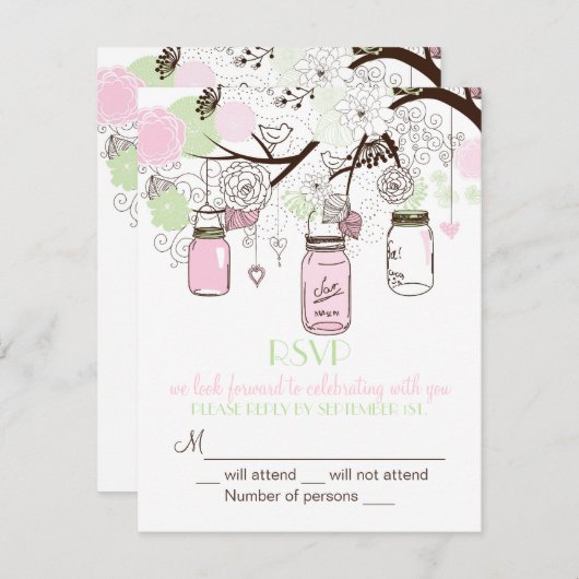 ピンク ミントグリーン メイソンジャー 出欠確認 ウェディング 招待状 (正面/裏面)