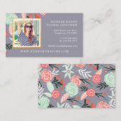 ピンク&ミントフローラガーデン&金ゴールドフォトフレーム 名刺 (正面/裏面)