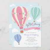 ピンク&ミントホットエアバルーン誕生日招待状 招待状 (正面/裏面)