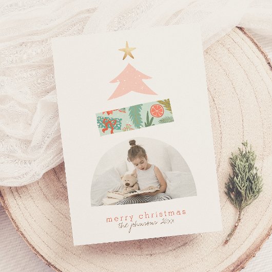 ピンク&ミント抽象芸術クリスマスツリーアーチフォト シーズンカード