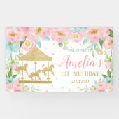ピンク ミント フラワーカーゼル 1歳の誕生日おめでとう 横断幕 (横)