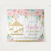 ピンク ミント フラワーカーゼル 1歳 誕生日 おめでとう タペストリー (正面(横))